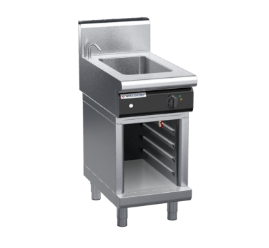 waldorf cue bm8450eh-cb-c0 450mm electric bain marie on cabinet base and high splashback
