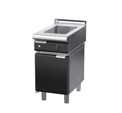 waldorf bold bm8450el-cd-b0 450mm electric bain marie on cabinet base with door and low splashback