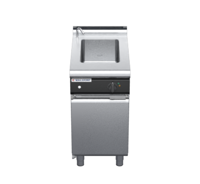waldorf cue bm8450el-cd-c0 450mm electric bain marie on cabinet base with door and low splashback