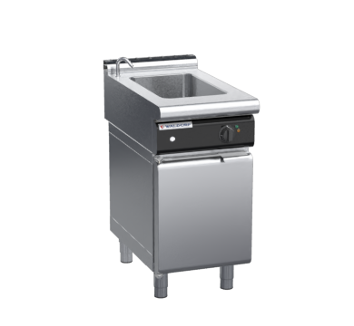 waldorf cue bm8450el-cd-c0 450mm electric bain marie on cabinet base with door and low splashback