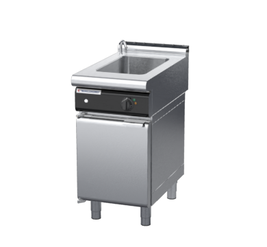 waldorf cue bm8450el-cd-c0 450mm electric bain marie on cabinet base with door and low splashback