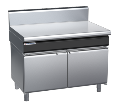 waldorf cue bt8120h-cd-c0 1200mm bench top on cabinet base with door and high splashback