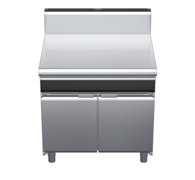 waldorf cue bt8900hdrw-cd-c0 900mm bench top with drawer on cabinet base with door and high splashback