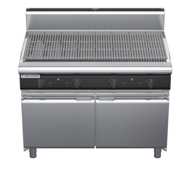 waldorf cue ch8120gh-cd-c0 1200mm gas chargrill / barbecue on cabinet base with door and high splashback