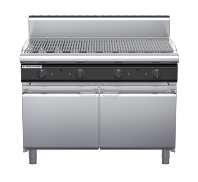 waldorf cue ch8120gh-cd-c0 1200mm gas chargrill / barbecue on cabinet base with door and high splashback