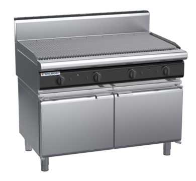 waldorf cue ch8120gh-cd-c0 1200mm gas chargrill / barbecue on cabinet base with door and high splashback