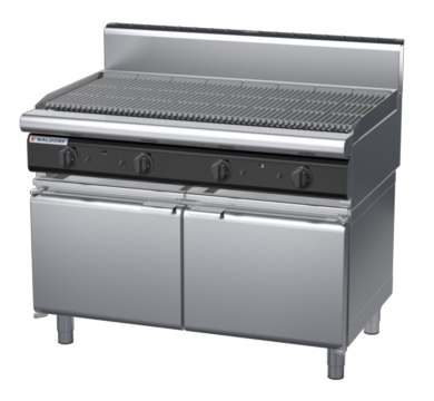waldorf cue ch8120gh-cd-c0 1200mm gas chargrill / barbecue on cabinet base with door and high splashback