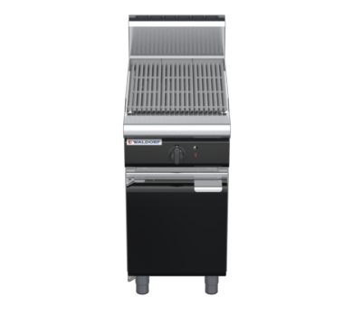 waldorf bold ch8450gh-cd-b0 450mm gas chargrill / barbecue on cabinet base with door and high splashback