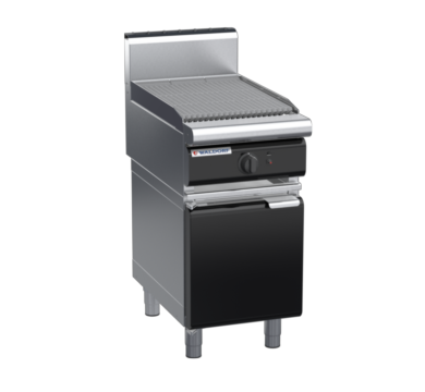 waldorf bold ch8450gh-cd-b0 450mm gas chargrill / barbecue on cabinet base with door and high splashback