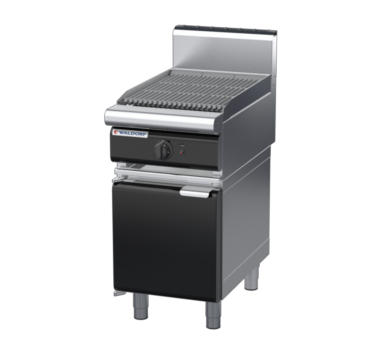waldorf bold ch8450gh-cd-b0 450mm gas chargrill / barbecue on cabinet base with door and high splashback