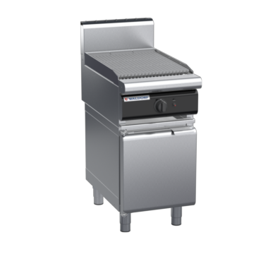 waldorf cue ch8450gh-cd-c0 450mm gas chargrill / barbecue on cabinet base with door and high splashback