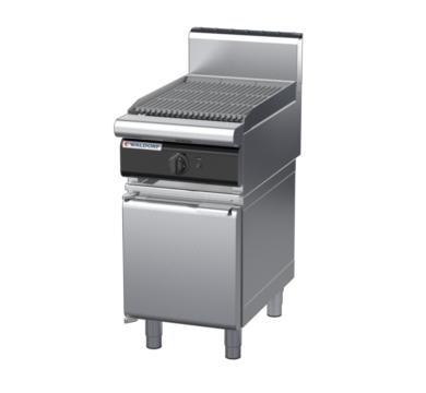 waldorf cue ch8450gh-cd-c0 450mm gas chargrill / barbecue on cabinet base with door and high splashback