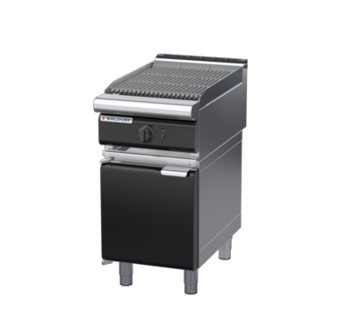 waldorf bold ch8450gl-cd-b0 450mm gas chargrill / barbecue on cabinet base with door and low splashback