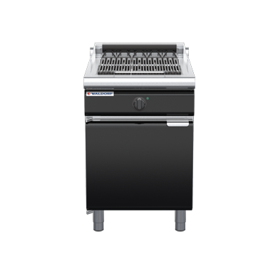 waldorf bold ch8600edl-cd-b0 600mm electric chargrill / barbecue on cabinet base with door and low splashback