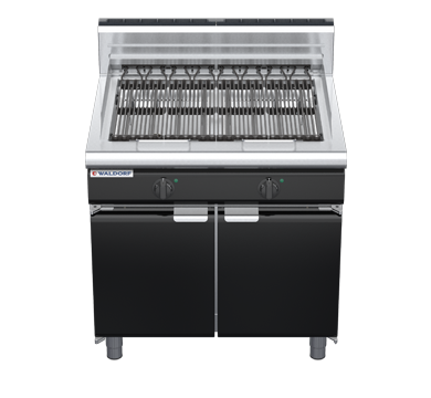 waldorf bold ch8900edh-cd-b0 900mm electric chargrill / barbecue on cabinet base with door and high splashback