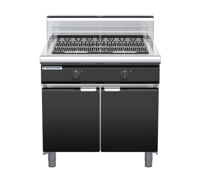 waldorf bold ch8900edh-cd-b0 900mm electric chargrill / barbecue on cabinet base with door and high splashback
