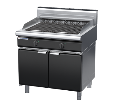 waldorf bold ch8900edh-cd-b0 900mm electric chargrill / barbecue on cabinet base with door and high splashback