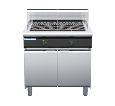 waldorf cue ch8900edh-cd-c0 900mm electric chargrill / barbecue on cabinet base with door and high splashback