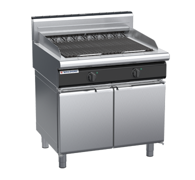 waldorf cue ch8900edh-cd-c0 900mm electric chargrill / barbecue on cabinet base with door and high splashback