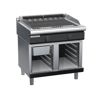 waldorf bold ch8900edl-cb-b0 900mm electric chargrill / barbecue on cabinet base with low splashback