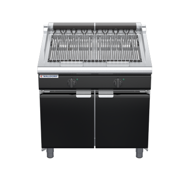 waldorf bold ch8900edl-cd-b0 900mm electric chargrill / barbecue on cabinet base with door and low splashback