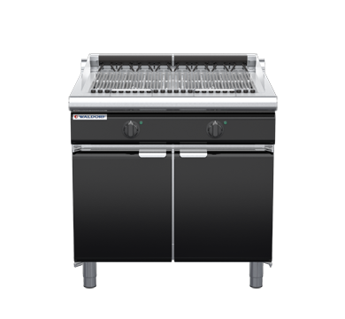 waldorf bold ch8900edl-cd-b0 900mm electric chargrill / barbecue on cabinet base with door and low splashback