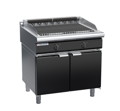 waldorf bold ch8900edl-cd-b0 900mm electric chargrill / barbecue on cabinet base with door and low splashback