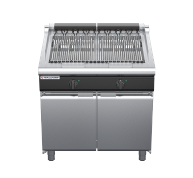 waldorf cue ch8900edl-cd-c0 900mm electric chargrill / barbecue on cabinet base with door and low splashback
