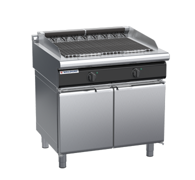 waldorf cue ch8900edl-cd-c0 900mm electric chargrill / barbecue on cabinet base with door and low splashback