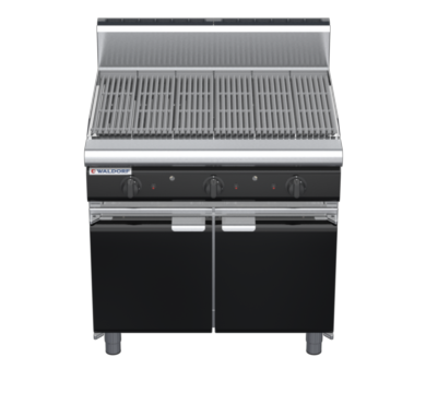waldorf bold ch8900gh-cd-b0 900mm gas chargrill / barbecue on cabinet base with door and high splashback