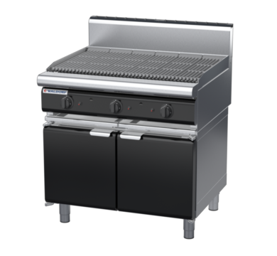waldorf bold ch8900gh-cd-b0 900mm gas chargrill / barbecue on cabinet base with door and high splashback