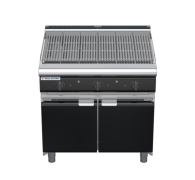 waldorf bold ch8900gl-cd-b0 900mm gas chargrill / barbecue on cabinet base with door and low splashback