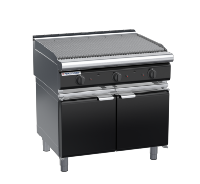 waldorf bold ch8900gl-cd-b0 900mm gas chargrill / barbecue on cabinet base with door and low splashback