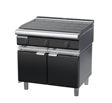 waldorf bold ch8900gl-cd-b0 900mm gas chargrill / barbecue on cabinet base with door and low splashback