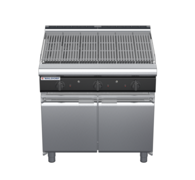 waldorf cue ch8900gl-cd-c0 900mm gas chargrill / barbecue on cabinet base with door and low splashback