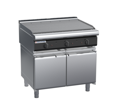 waldorf cue ch8900gl-cd-c0 900mm gas chargrill / barbecue on cabinet base with door and low splashback