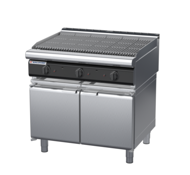 waldorf cue ch8900gl-cd-c0 900mm gas chargrill / barbecue on cabinet base with door and low splashback