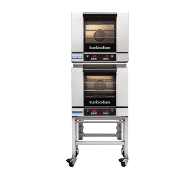 turbofan e23d3/2 - half size sheet pan digital electric convection ovens double stacked on a stainless steel base stand