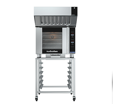 turbofan e31d4 - full size tray digital electric convection oven with halton ventless hood on a stainless steel stand