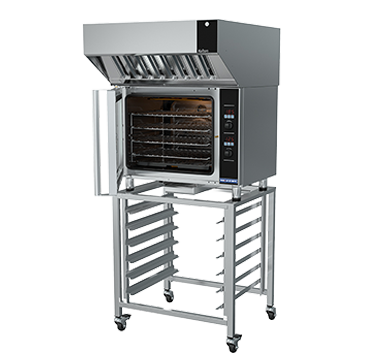 turbofan e31d4 - full size tray digital electric convection oven with halton ventless hood on a stainless steel stand