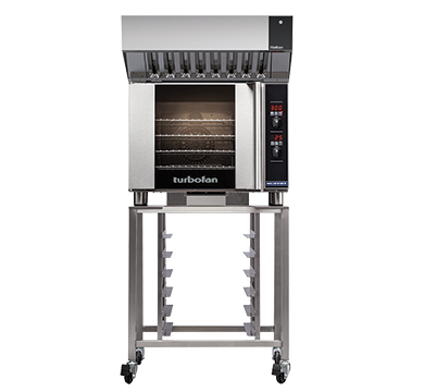 turbofan e31d4 - half size sheet pan digital electric convection oven with halton ventless hood on a stainless steel stand