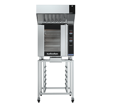 turbofan e32d4 - full size tray digital electric convection oven with halton ventless hood on a stainless steel stand