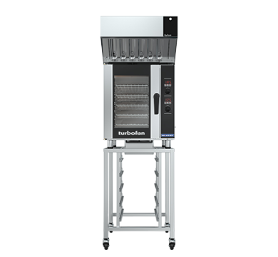 turbofan e33d5 - half size sheet pan digital electric convection oven with halton ventless hood on a stainless steel stand