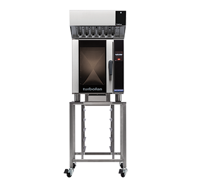 turbofan e33t5 - half size sheet pan touch screen electric convection oven with halton ventless hood on a stainless steel stand