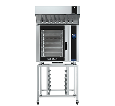 turbofan e35t6-26 - full size electric convection oven touch screen control with halton ventless hood on a stainless steel stand