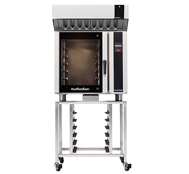 turbofan e35t6-30 - full size electric convection oven touch screen control with halton ventless hood on a stainless steel stand
