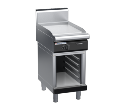 waldorf bold gp8450ghcr-cb-b0 450mm gas griddle on cabinet base with high splashback