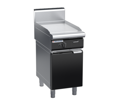 waldorf bold gp8450gh-cd-b0 450mm gas griddle on cabinet base with door and high splashback