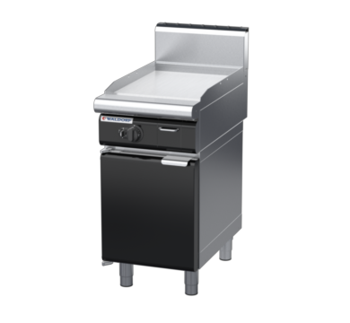 waldorf bold gp8450gh-cd-b0 450mm gas griddle on cabinet base with door and high splashback