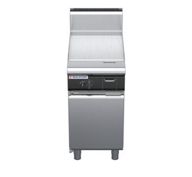 waldorf cue gp8450ghcr-cd-c0 450mm gas griddle on cabinet base with door and high splashback